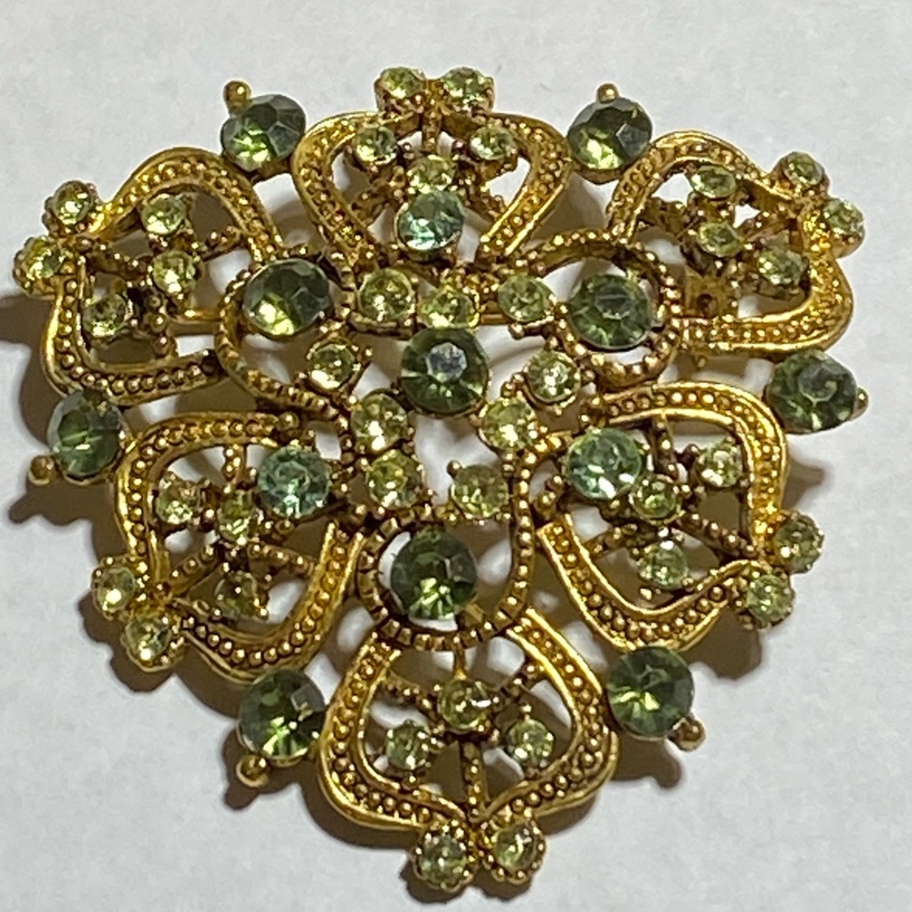 Vintage CZECH Filigree Triangle Gold Tone Brooch with Green Rhinestones Unsigned